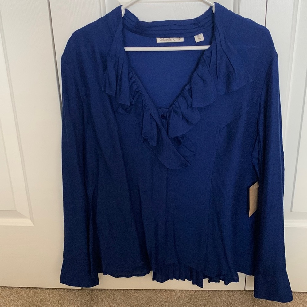 Coldwater Creek PXL blue ruffle front shimmer shirt. New with tag.